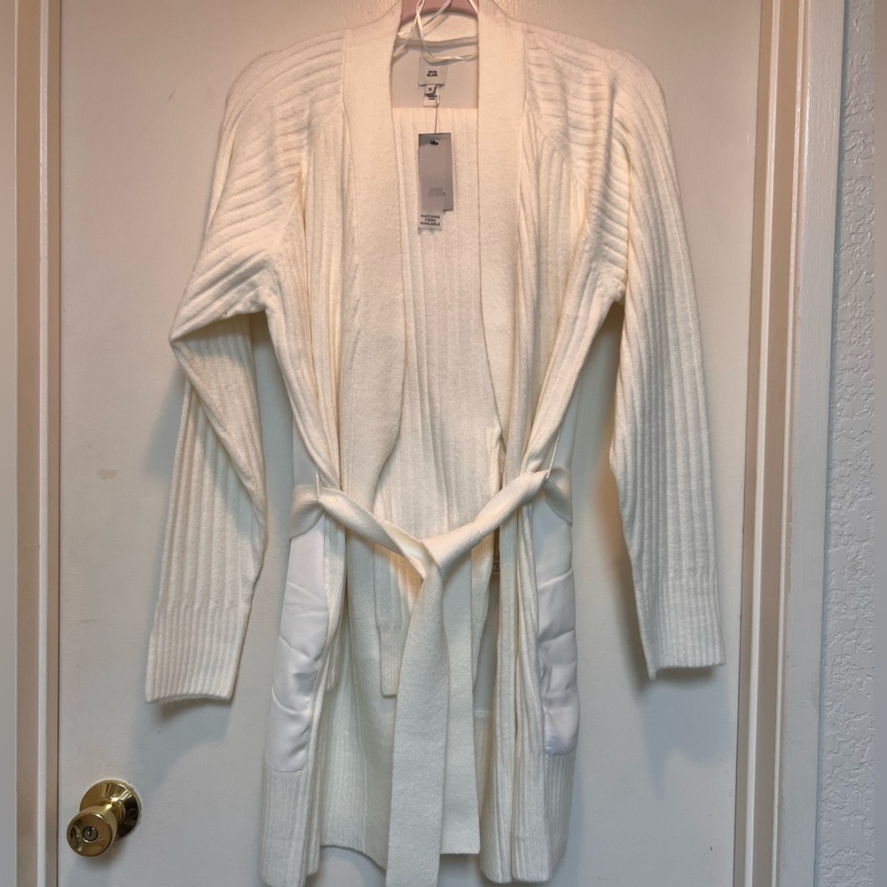 River Island cream knit Cardigan with satin back with a pair of k…